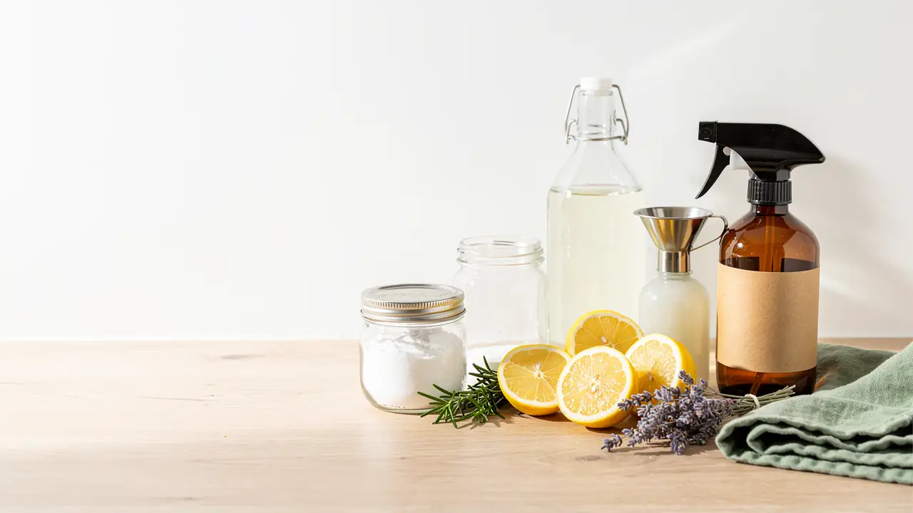 Baking soda, vinegar, lemons, rosemary and lavender beside an amber spray bottle and a funnel